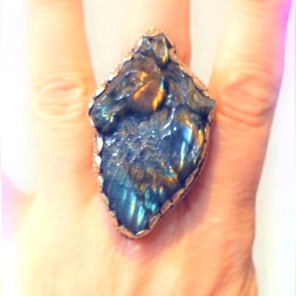 Labradorite Carved Pegasus Ring Handcrafted Tibetan